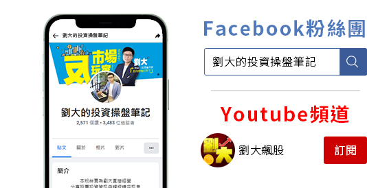 Facebook 粉絲專頁：劉大的投資操盤筆記 Youtu be頻道名稱：劉大飆股
